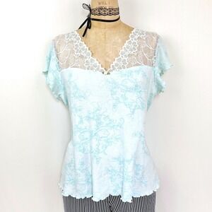 Vintage Womens L Lace Yoke Floral Short Sleeve Top Coquette Babydoll Dainty